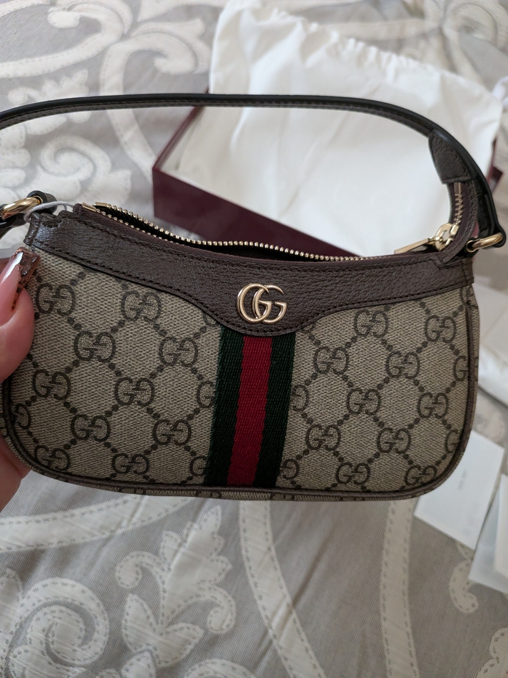 Gucci Beige Brown GG Supreme Mini Shoulder Bag with Green & Red Web